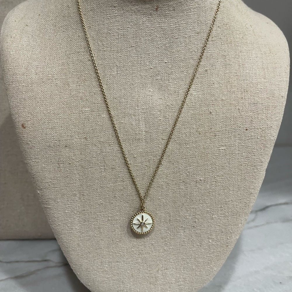 Gold Tone White Compass Star Pendant Necklace